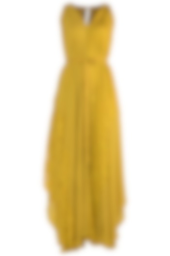 Mustard Printed Layered Gown With Belt by Stephany