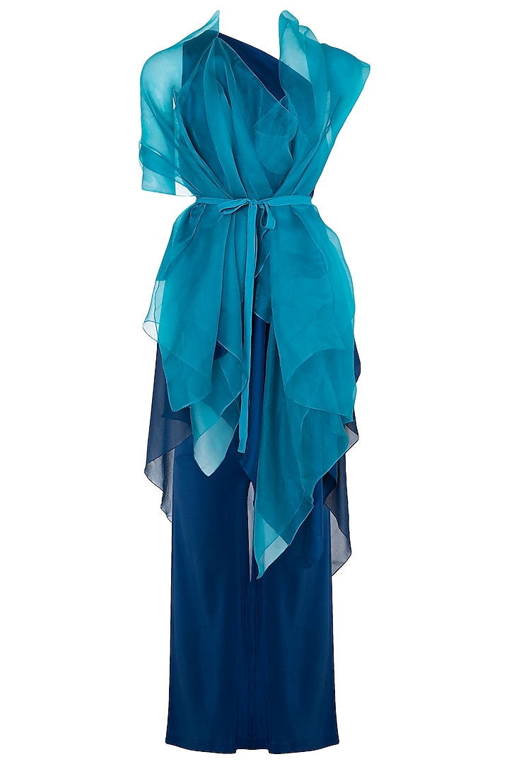 Midnight Blue One Shoulder Tunic With Trouser Pants, Turquoise Cover Up & Belt by Stephany