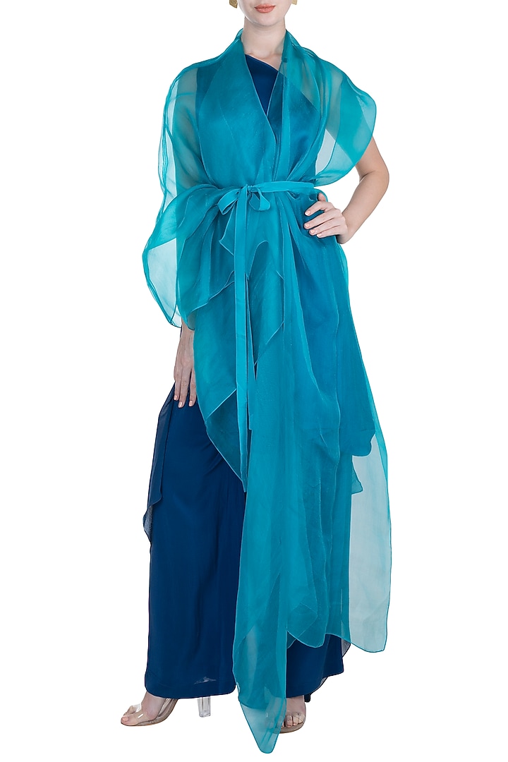 Midnight Blue One Shoulder Tunic With Trouser Pants, Turquoise Cover Up & Belt by Stephany at Pernia's Pop Up Shop
