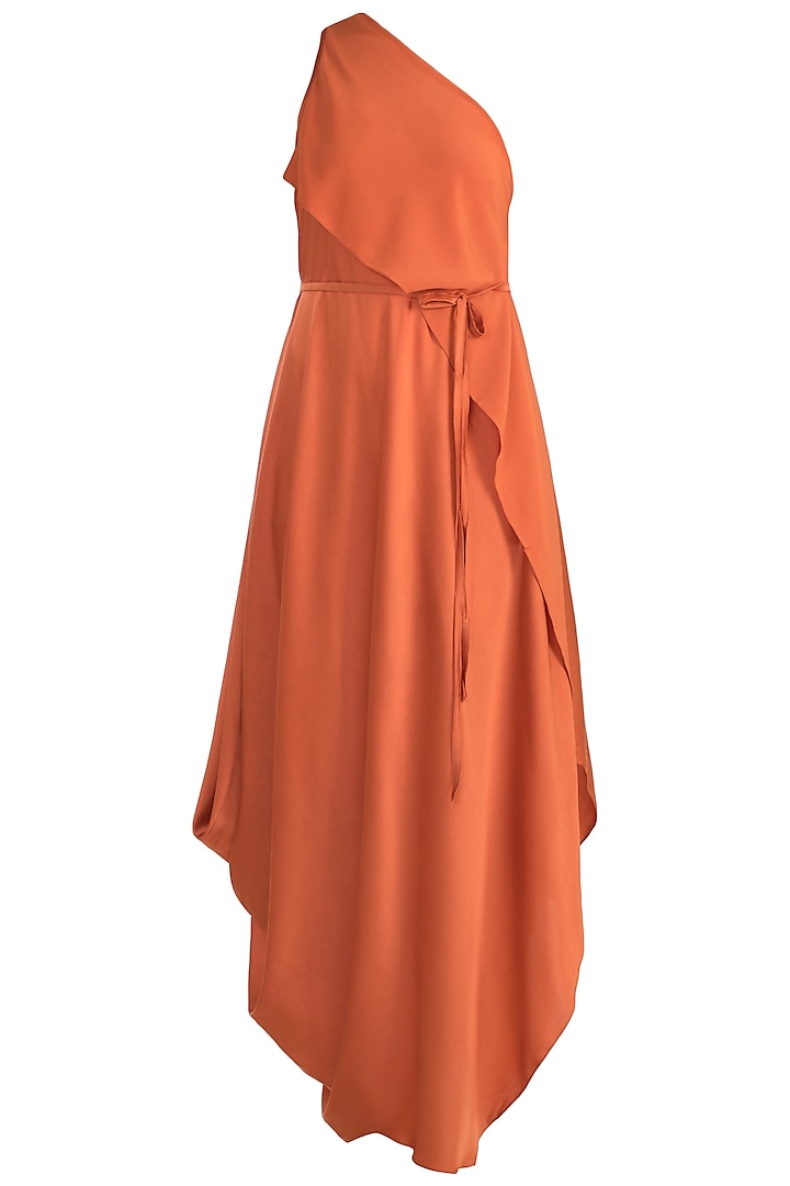 Apricot Paneled One Shoulder Dress With Belt by Stephany