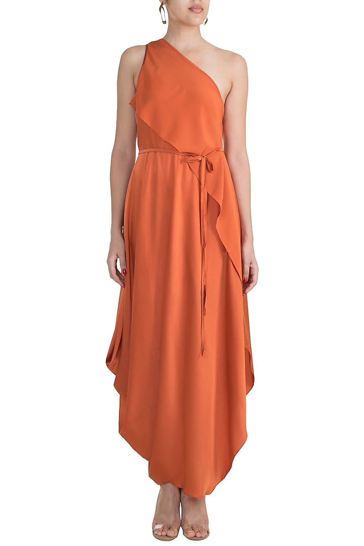 Apricot Paneled One Shoulder Vacation Dress With Belt by Stephany at Pernia's Pop Up Shop