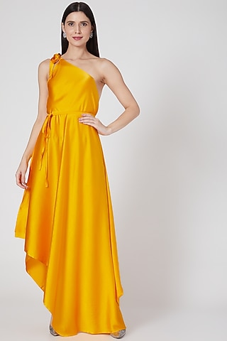 Pumpkin Orange One Shoulder Dress With Belt by Stephany