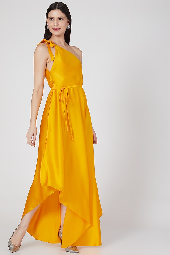 Pumpkin Orange One Shoulder Vacation Dress With Belt by Stephany at Pernia's Pop Up Shop