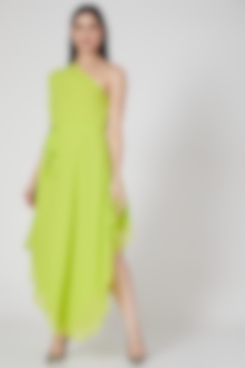 Lime Layered One Shoulder Dress With Belt by Stephany