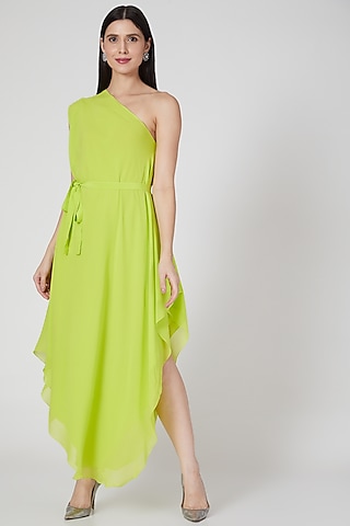 Lime Layered One Shoulder Dress With Belt by Stephany