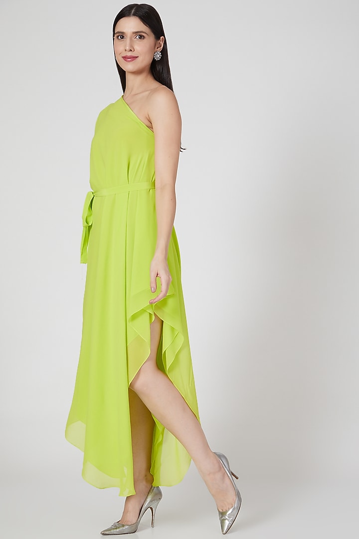 Lime Layered One Shoulder Vacation Dress With Belt by Stephany at Pernia's Pop Up Shop