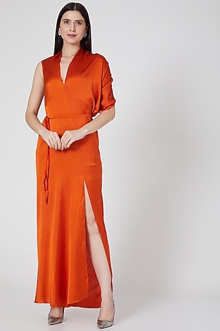 Copper Silk Lycra Satin Dress With Belt by Stephany