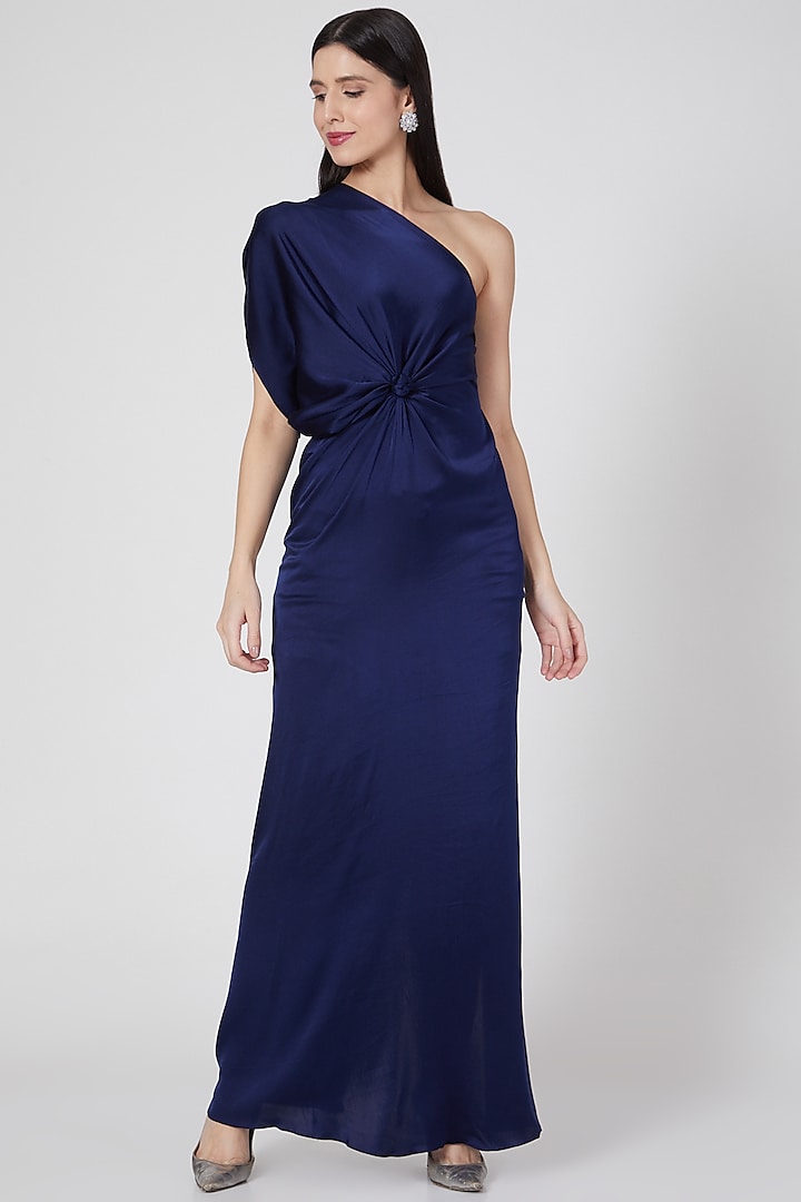 Navy Blue One Shoulder Dress by Stephany