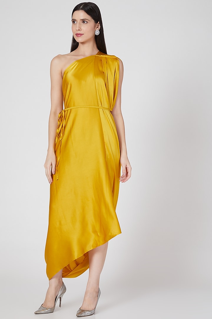 Gold One Shoulder Pleated Dress by Stephany