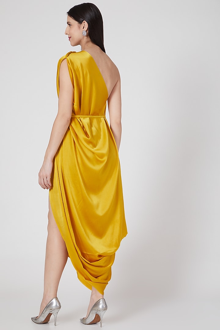 Gold One Shoulder Pleated Vacation Dress by Stephany at Pernia's Pop Up Shop