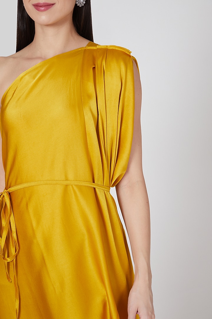 Gold One Shoulder Pleated Vacation Dress by Stephany at Pernia's Pop Up Shop