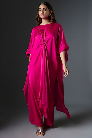 Pink Silk Satin Georgette Tunic Set by Stephany