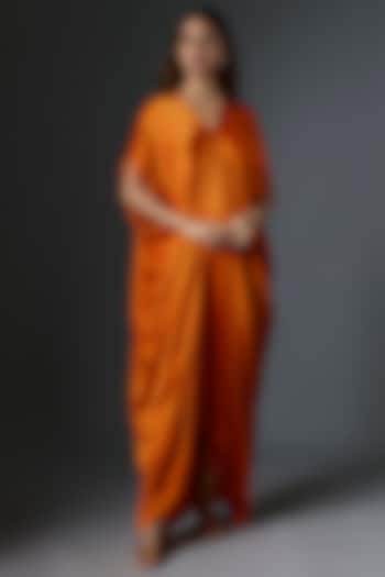 Orange Silk Satin Kaftan Dress by Stephany
