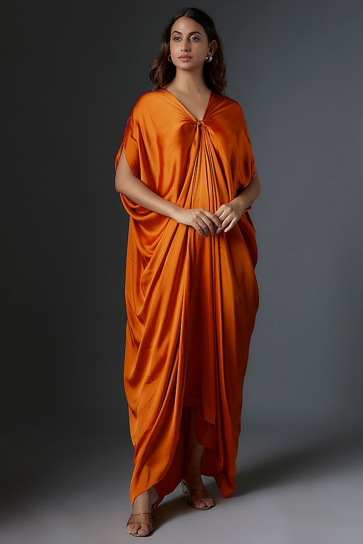 Orange Silk Satin Kaftan Dress by Stephany