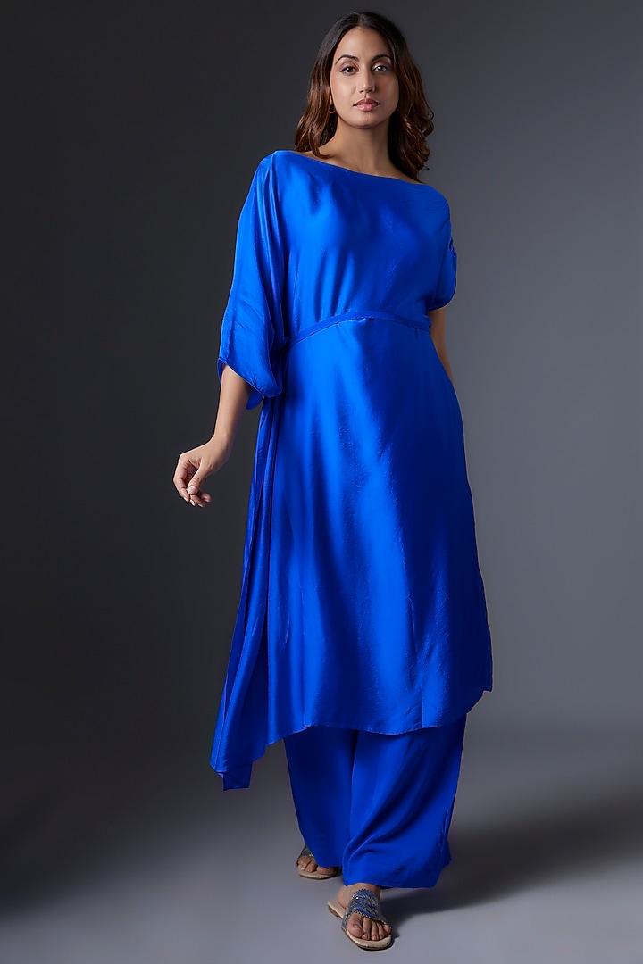Blue Silk Satin Georgette Tunic Set by Stephany at Pernia's Pop Up Shop
