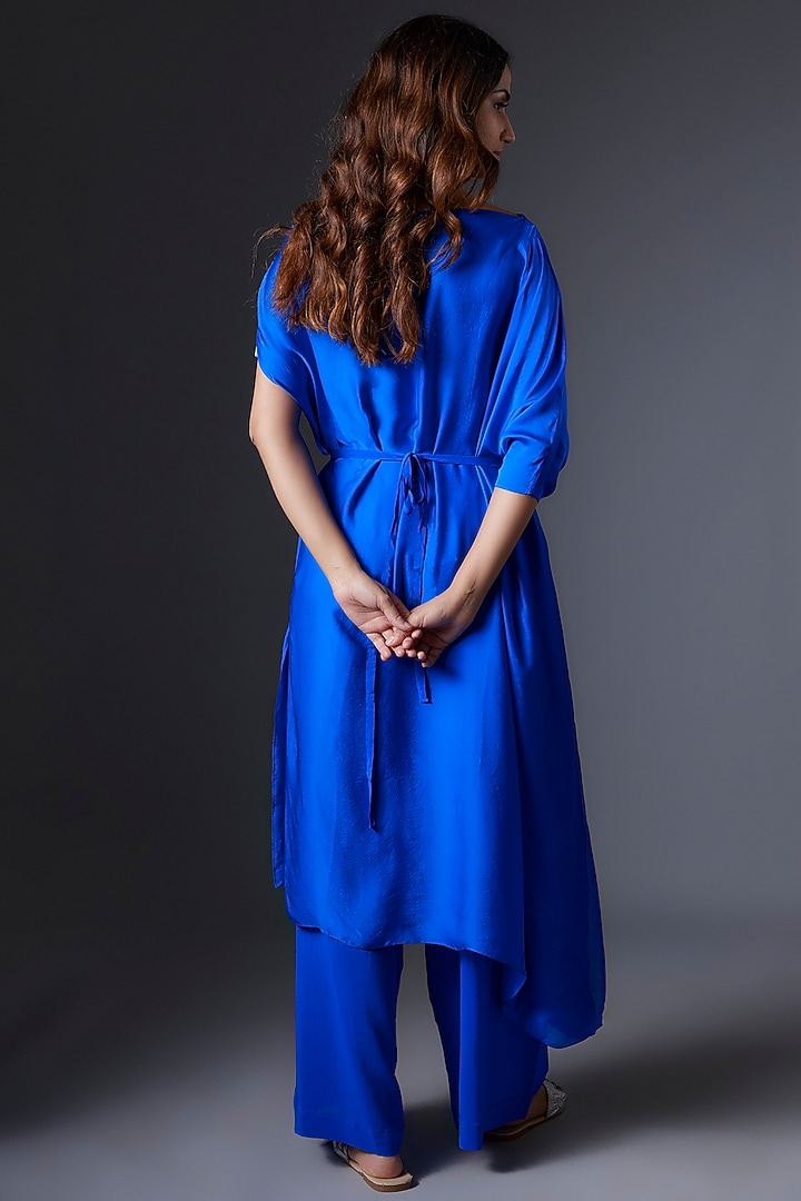 Blue Silk Satin Georgette Tunic Set by Stephany at Pernia's Pop Up Shop