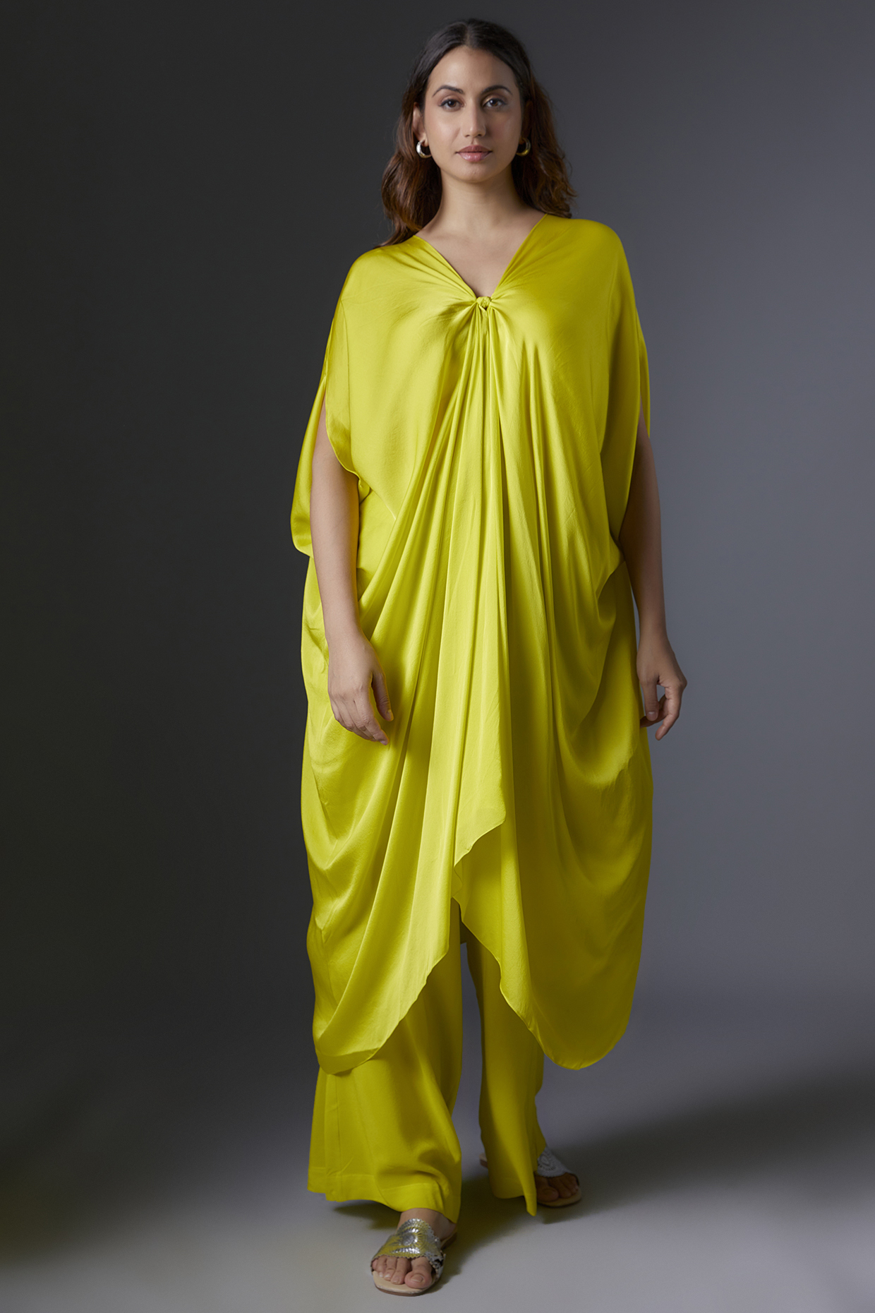 Lime Green Silk Satin Georgette Kaftan Set by Stephany at Pernia's Pop Up Shop