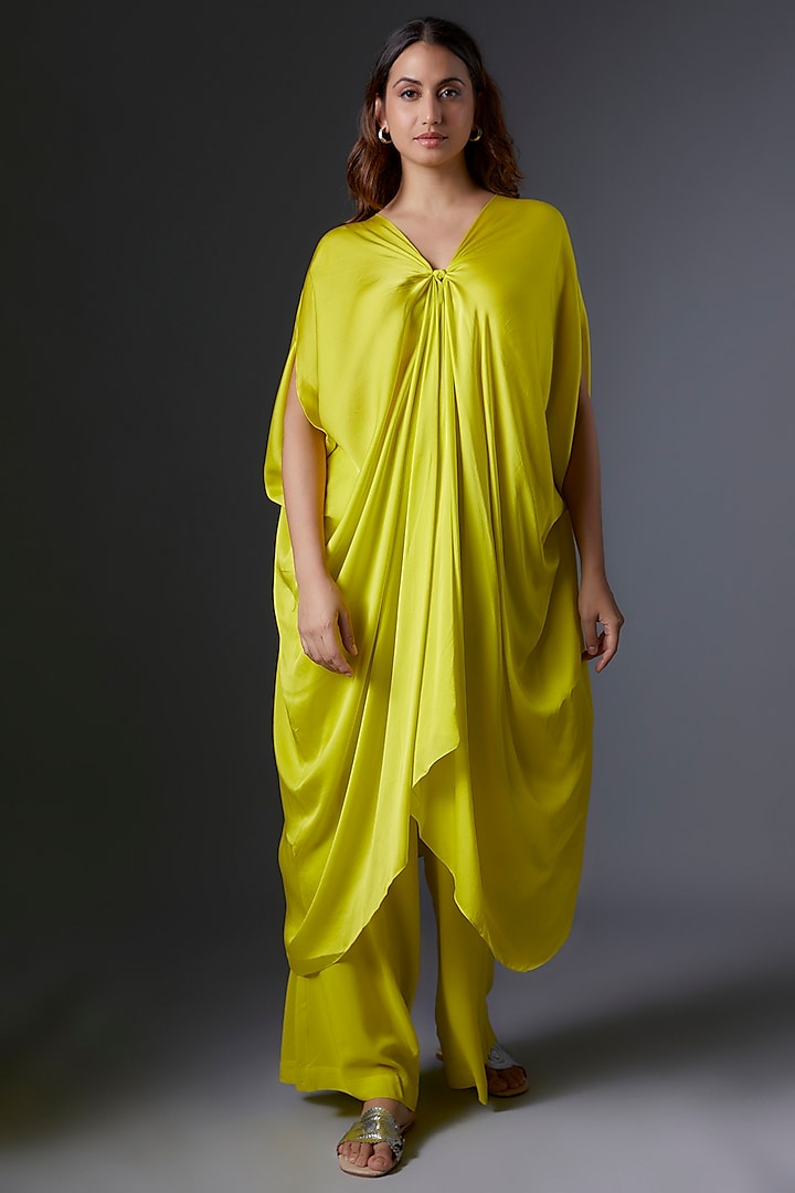 Lime Green Silk Satin Georgette Kaftan Set by Stephany at Pernia's Pop Up Shop