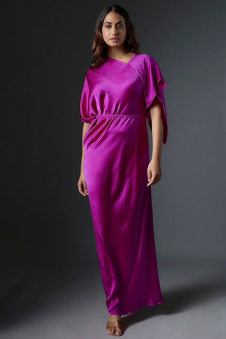 Pink Silk Satin One-Shoulder Dress With Belt by Stephany
