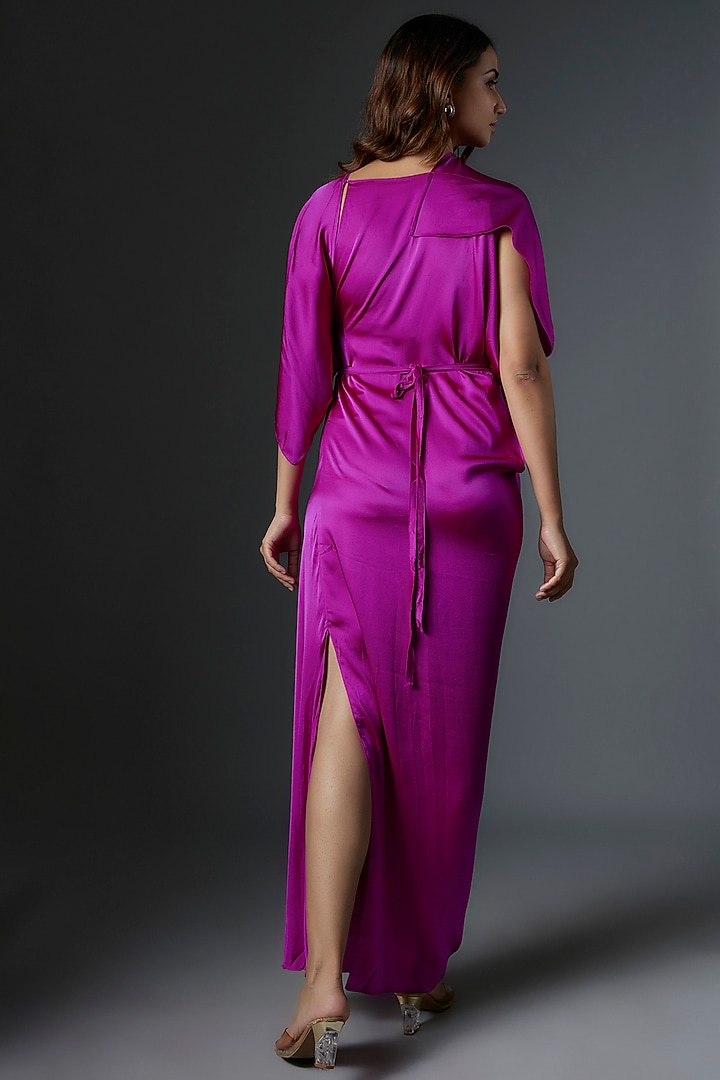 Pink Silk Satin One-Shoulder Vacation Dress With Belt by Stephany at Pernia's Pop Up Shop