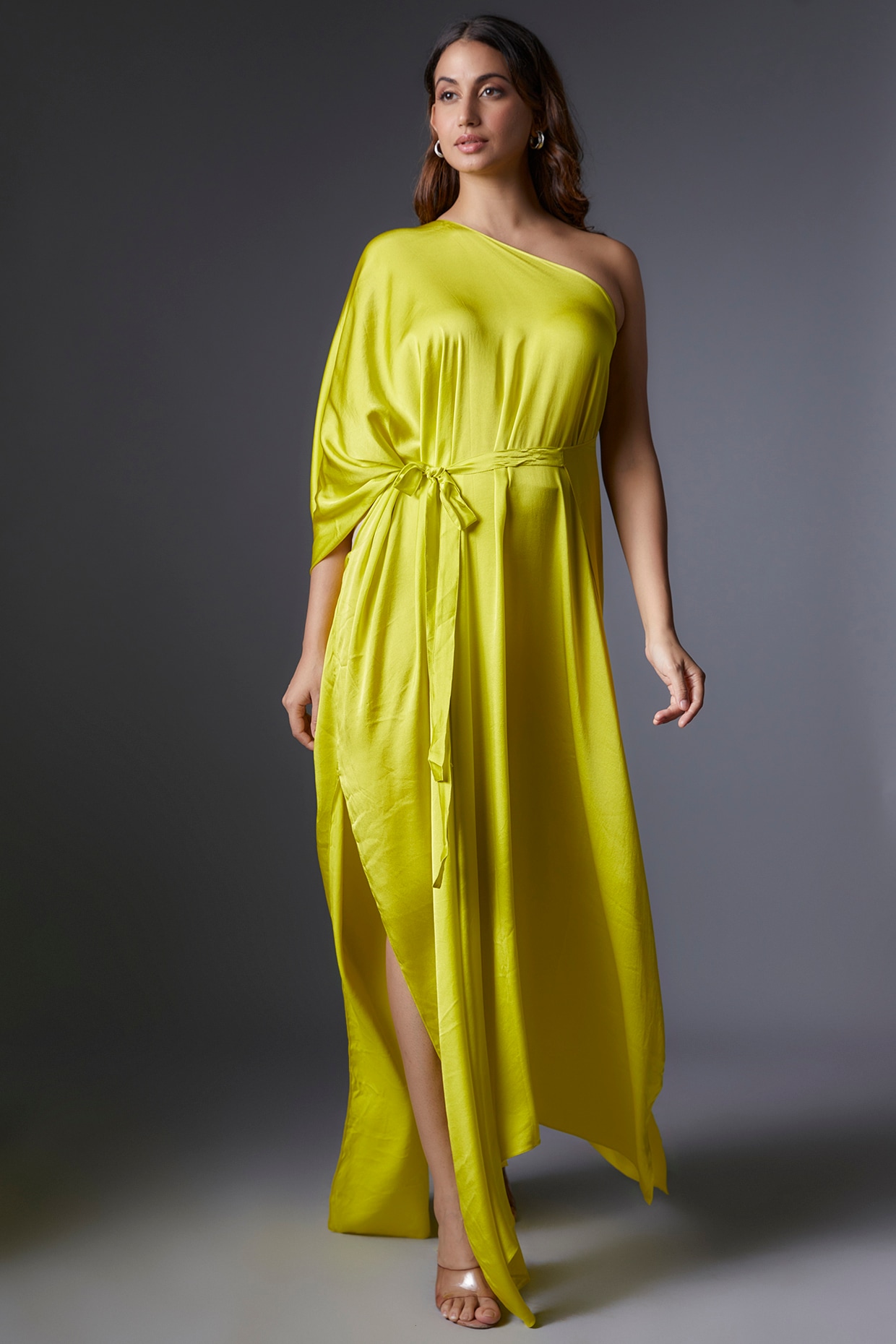 Lime Green Silk Satin One-Shoulder Dress by Stephany at Pernia's Pop Up  Shop 2024