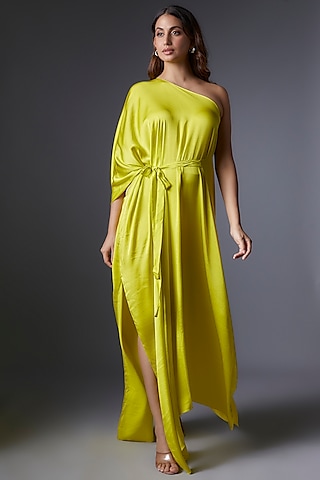 Lime Green Silk Satin One-Shoulder Dress by Stephany