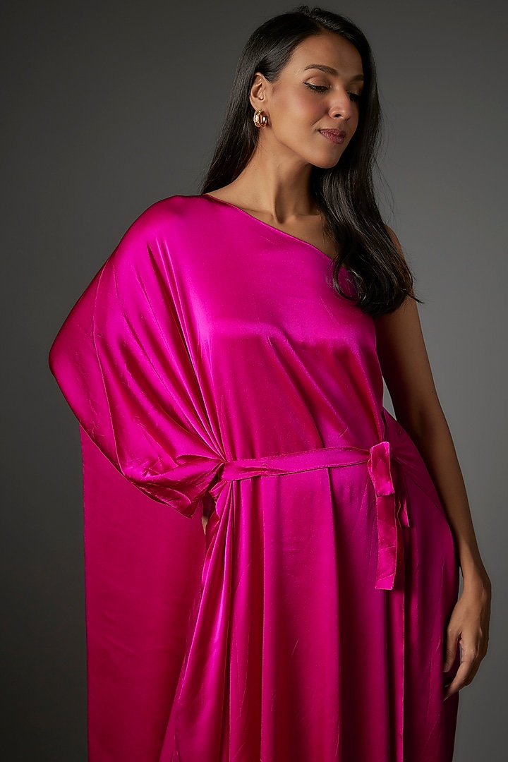 Pink Silk Satin One-Shoulder Vacation Dress by Stephany at Pernia's Pop Up Shop