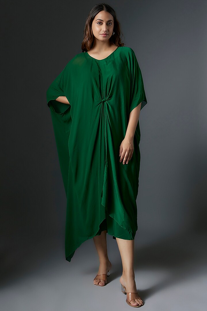 Green Silk Satin Georgette Midi Vacation Dress by Stephany at Pernia's Pop Up Shop