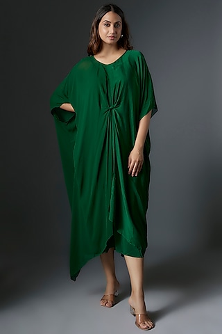 Green Silk Satin Georgette Midi Dress by Stephany