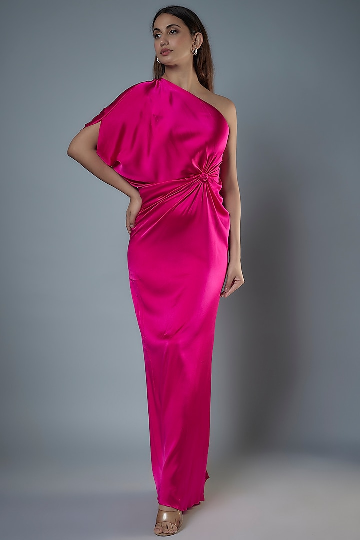 Pink Silk Satin One-Shoulder Dress by Stephany