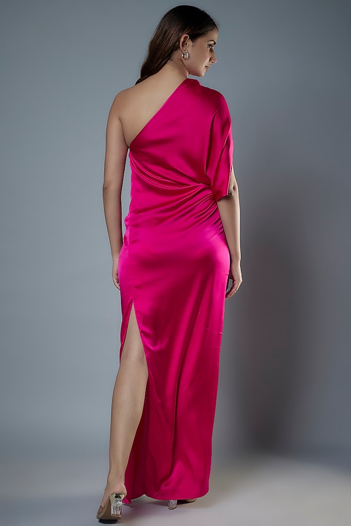 Pink Silk Satin One-Shoulder Vacation Dress by Stephany at Pernia's Pop Up Shop