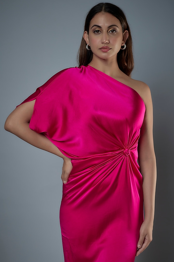 Pink Silk Satin One-Shoulder Vacation Dress by Stephany at Pernia's Pop Up Shop