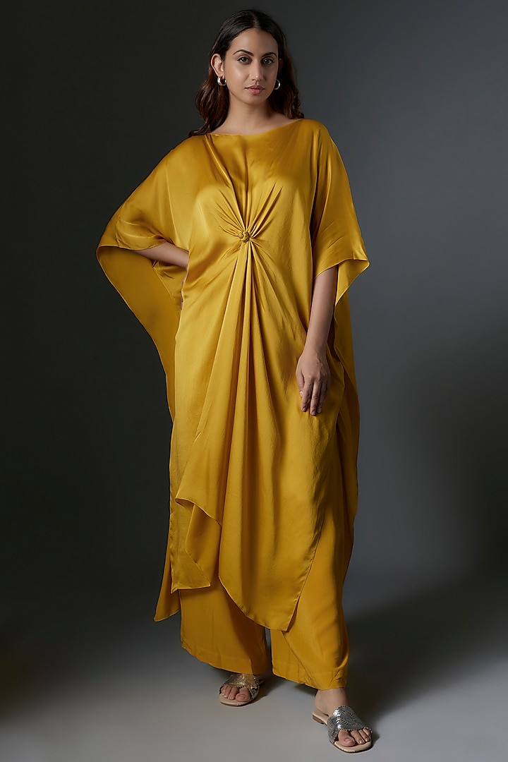 Gold Silk Satin Georgette Tunic Set by Stephany