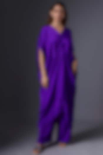 Purple Silk Satin Georgette Tunic Set by Stephany