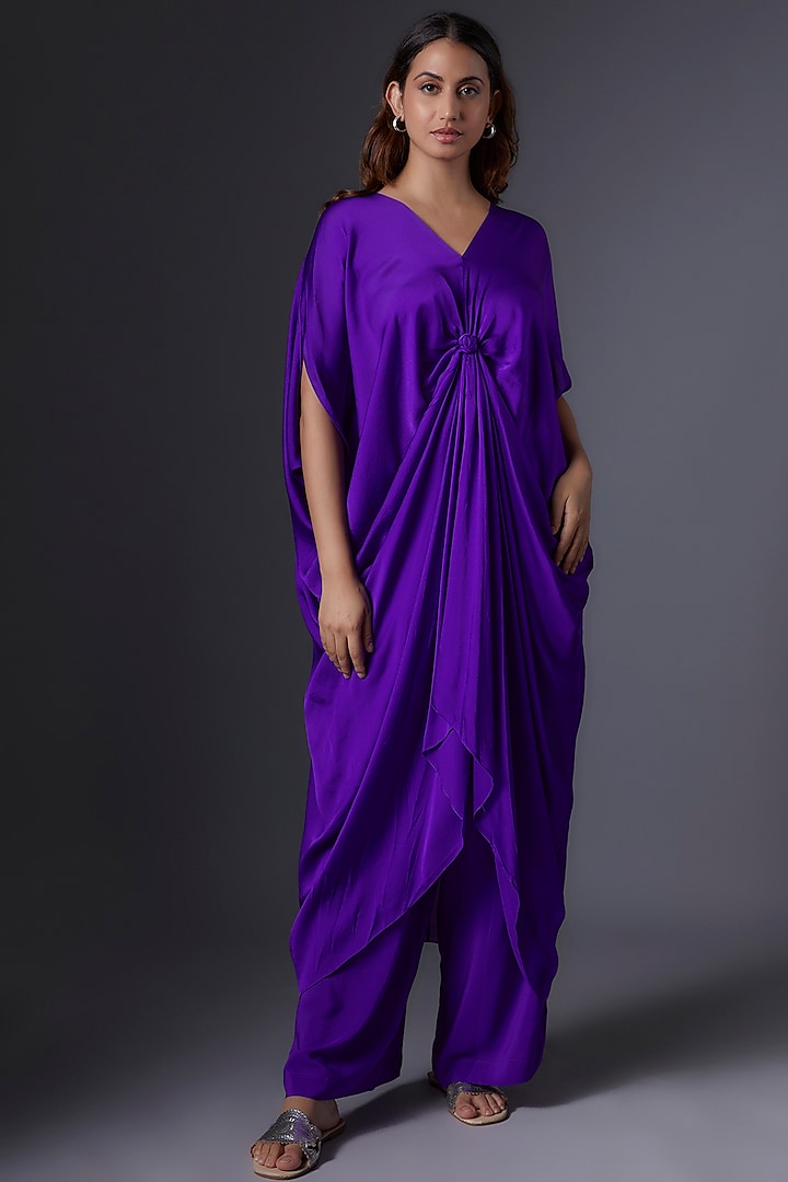 Purple Silk Satin Georgette Tunic Set by Stephany