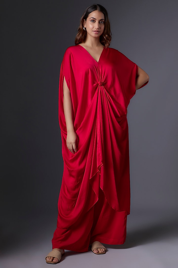 Red Silk Satin Georgette Tunic Set by Stephany
