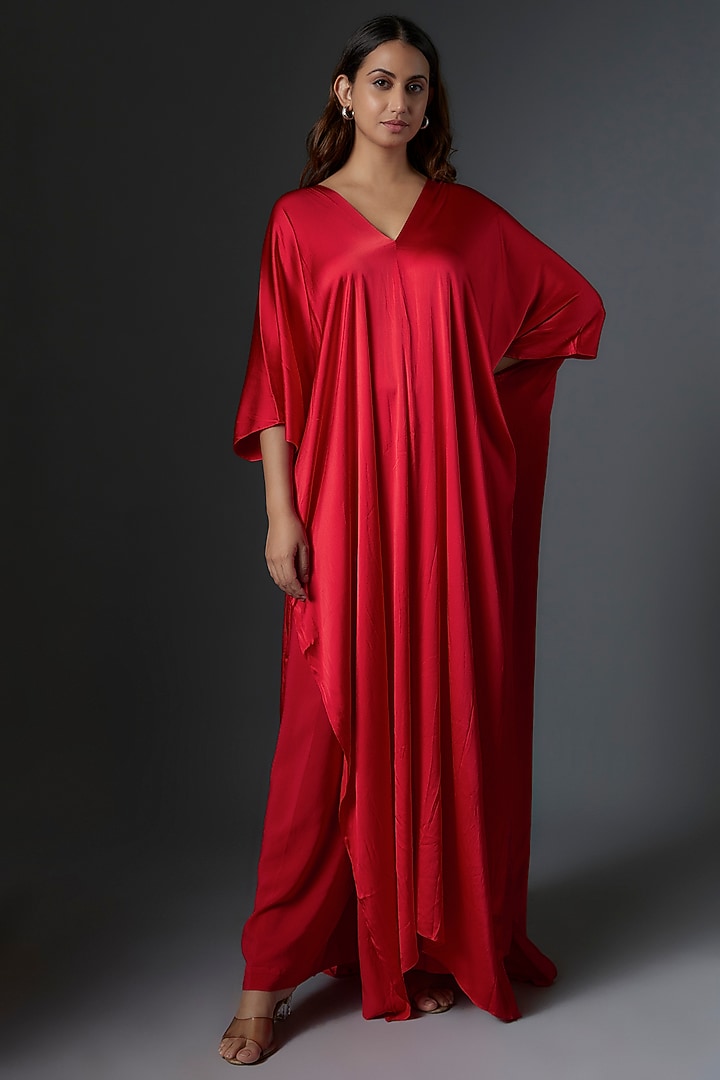 Red Silk Satin Satin Cocktail Dress With Trousers by Stephany at Pernia's Pop Up Shop