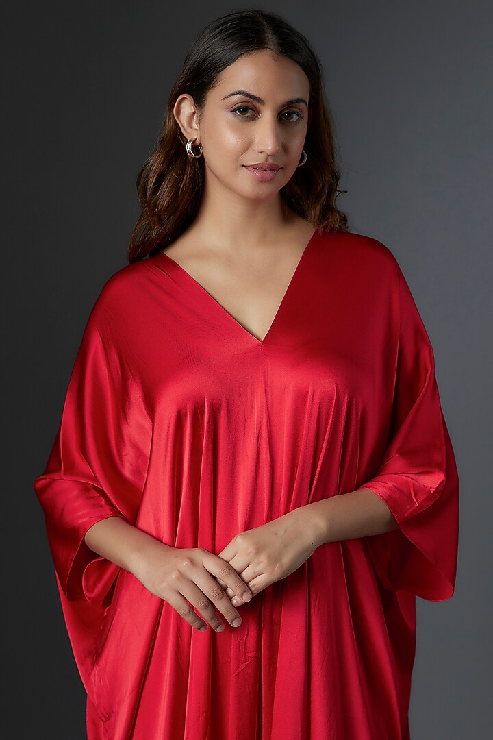 Red Silk Satin Satin Cocktail Dress With Trousers by Stephany at Pernia's Pop Up Shop