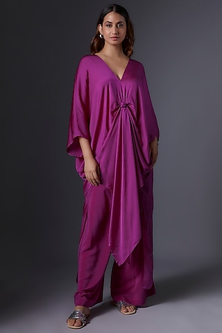 Pink Silk Satin Georgette Tunic Set by Stephany