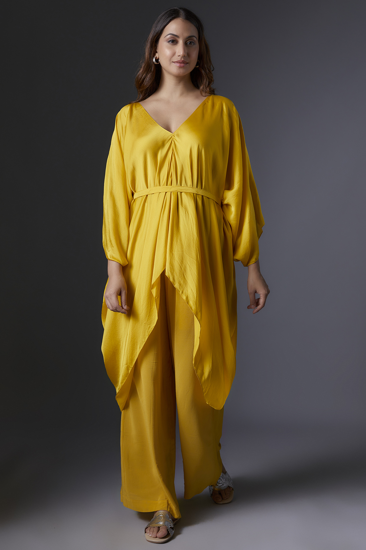 Yellow Silk Satin Georgette Kaftan Set by Stephany at Pernia's Pop Up Shop