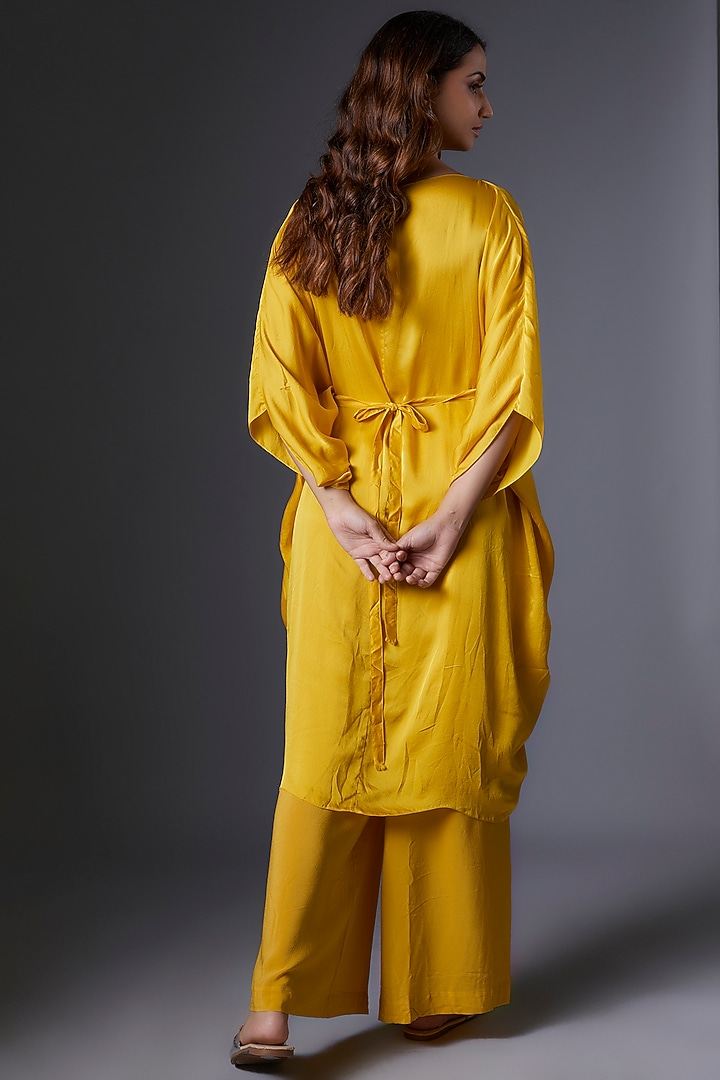 Yellow Silk Satin Georgette Kaftan Set by Stephany at Pernia's Pop Up Shop