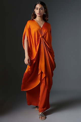 Orange Silk Satin Georgette Tunic Set by Stephany