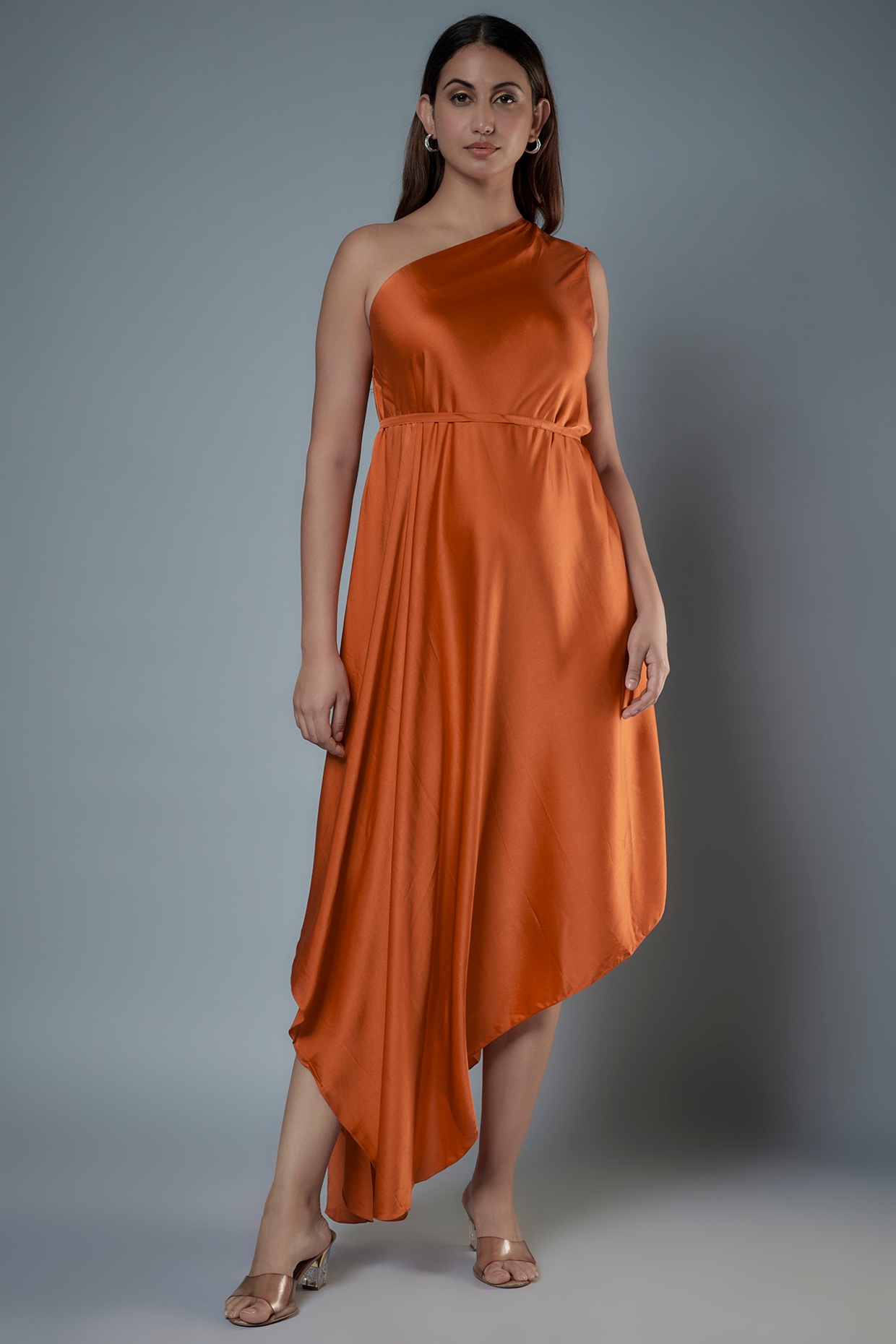 Orange Silk Satin One Shoulder Dress by Stephany at Pernia s Pop Up Shop 2024