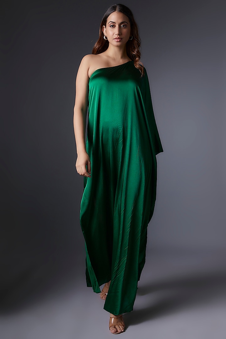 Green Silk Satin One-Shoulder Dress by Stephany