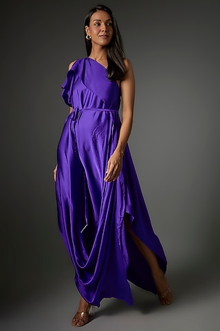 Purple Silk Satin One-Shoulder Dress by Stephany