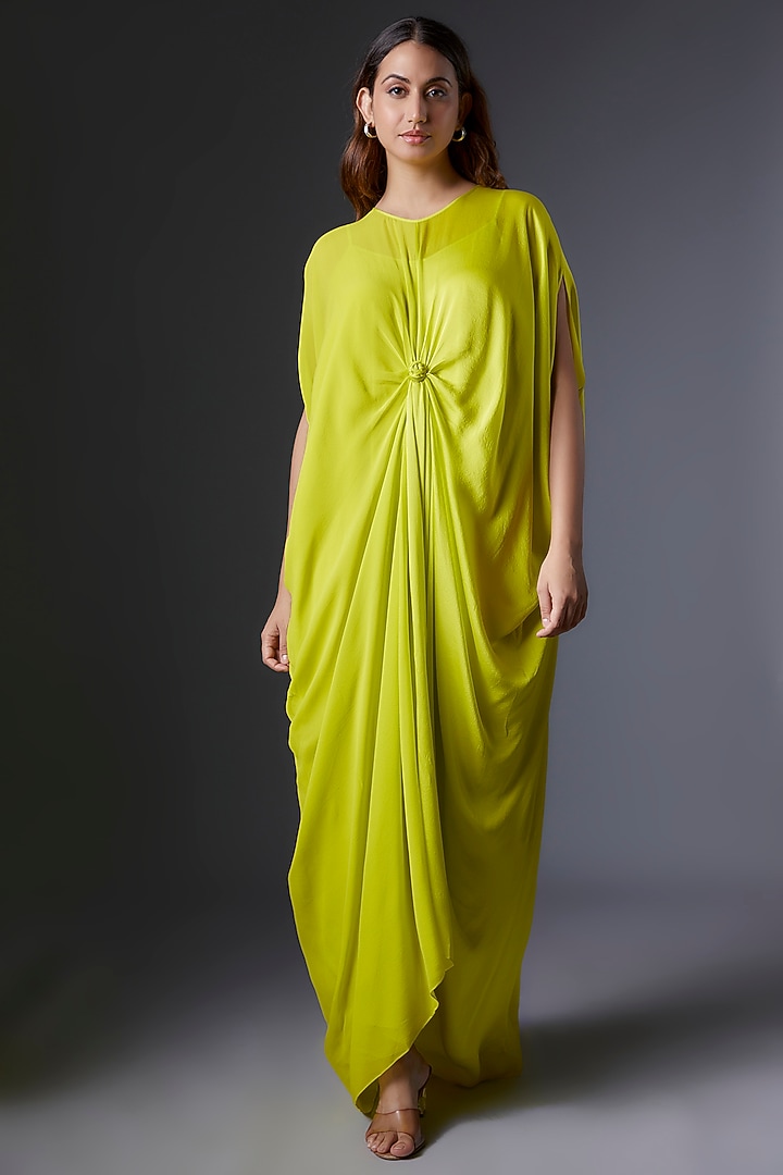 Green Silk Satin Georgette & Satin Georgette Maxi Cocktail Dress by Stephany at Pernia's Pop Up Shop