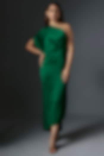Green Silk Satin One-Shoulder Dress by Stephany