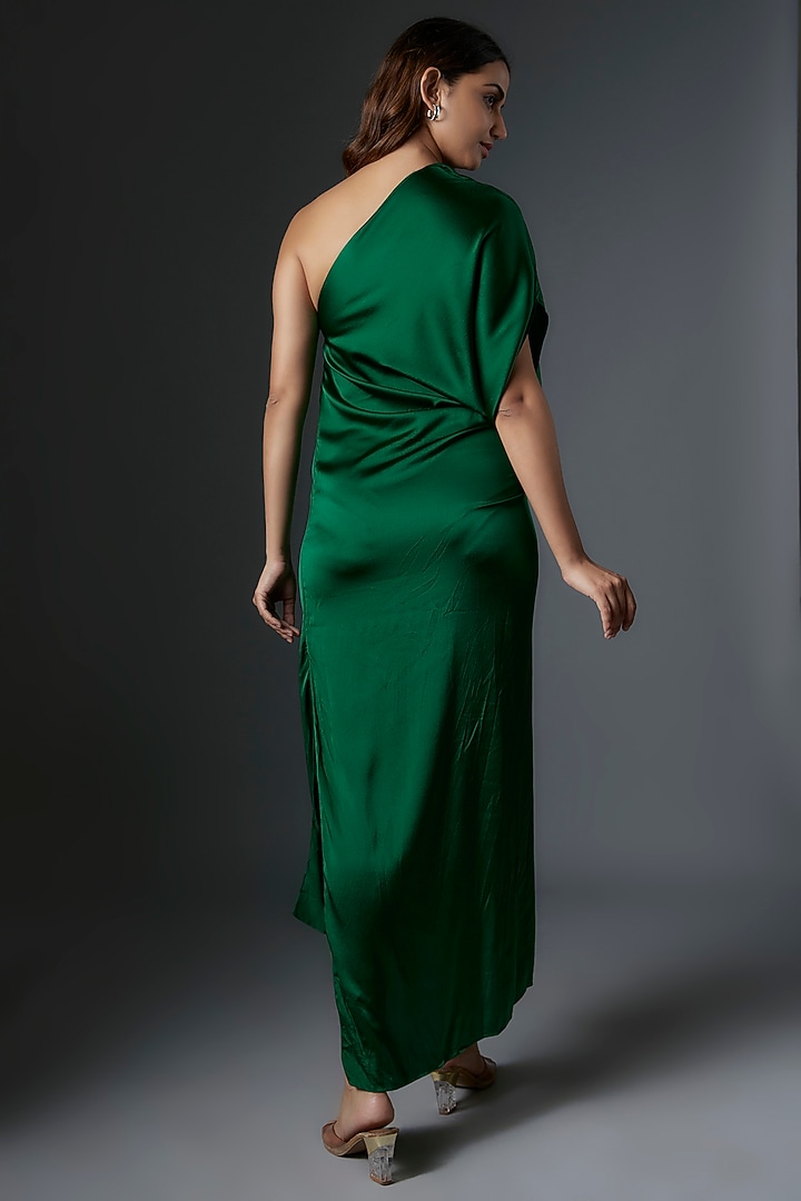 Green Silk Satin One-Shoulder Vacation Dress by Stephany at Pernia's Pop Up Shop