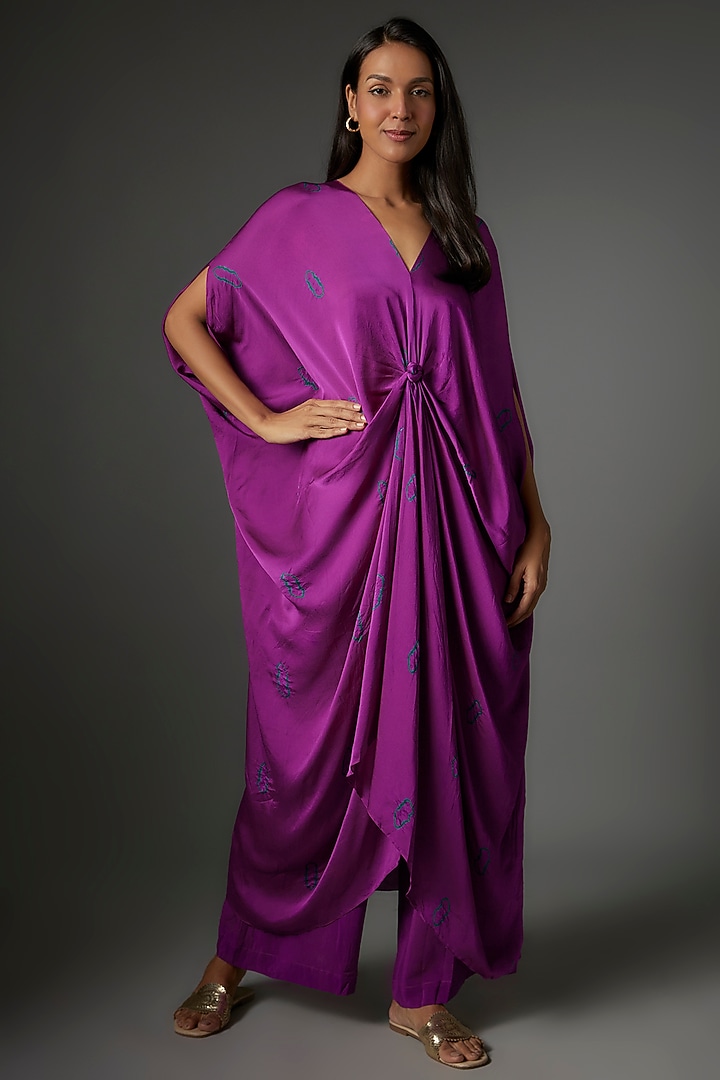 Purple Silk Satin Georgette Bandhani Printed Tunic Set by Stephany at Pernia's Pop Up Shop