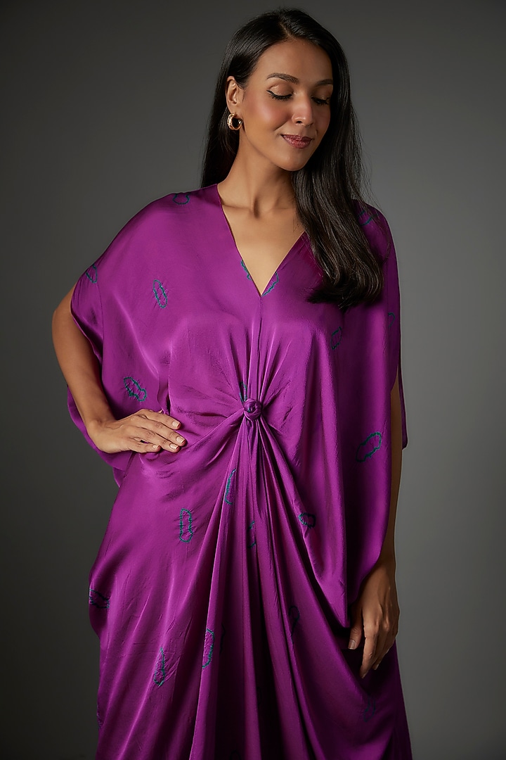 Purple Silk Satin Georgette Bandhani Printed Tunic Set by Stephany at Pernia's Pop Up Shop